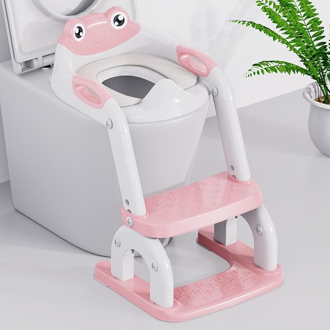 Potty Training Seat with Step Stool Ladder, Upgraded 2-in-1 Toddler Potty Training Toilet Seat with Non-Slip Step Splash Guard Handles and Waterproof Cushion, Toddler Potty Seat for Kids Boys Girls