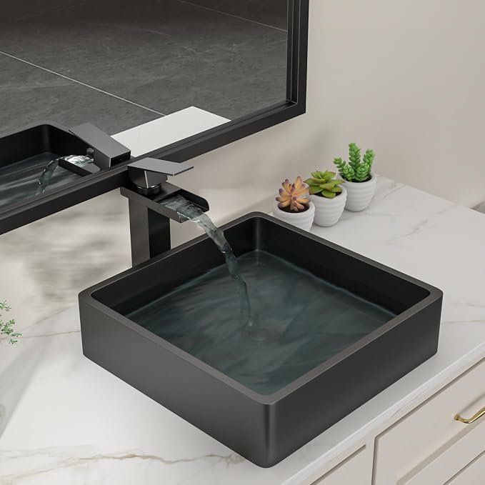 Dcolora 15 In. Black Drop In Bathroom Vessel Sink, 16 Gauge Stainless Steel Vanity Sink with Drain Assembly, R10 Rounded Corners,15”D x 15”W x 4”H #DC-VS261201