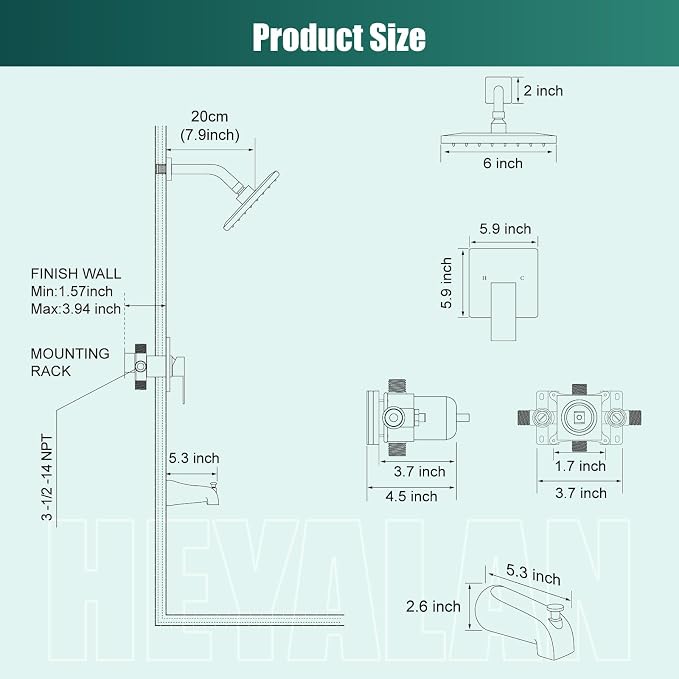 Heyalan 6 Inch Shower Faucet Set with Tub Spout and Valve,Brushed Nickel | 6-inch square rainfall head, tub spout with diverter, male-thread rough-in valve, single-handle control and wall-mount design