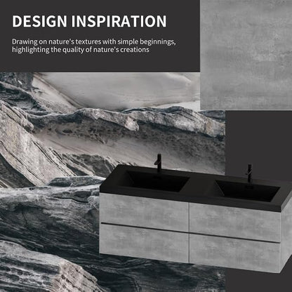 60 Inch Floating Bathroom Vanity with Double Sink, Modern Grey Wall Mounted Floating Vanity with Scratch-Resistant Quartz Sand Basin and 4 Soft Closing Drawers, Pre Assembled Bathroom Vanity