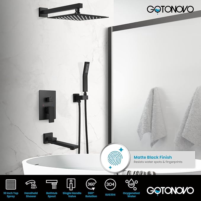 gotonovo Tub Shower Faucet Set with Valve Kit 10’’ Head,Matte Black | Shower System with Tub Spout,SUS304 Rain Head with Handheld Sprayer,Swivel Spout,All Metal,Rough-In Valve Trim Kit,Wall Mount
