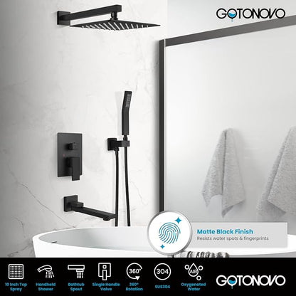 gotonovo Tub Shower Faucet Set with Valve Kit 10’’ Head,Matte Black | Shower System with Tub Spout,SUS304 Rain Head with Handheld Sprayer,Swivel Spout,All Metal,Rough-In Valve Trim Kit,Wall Mount