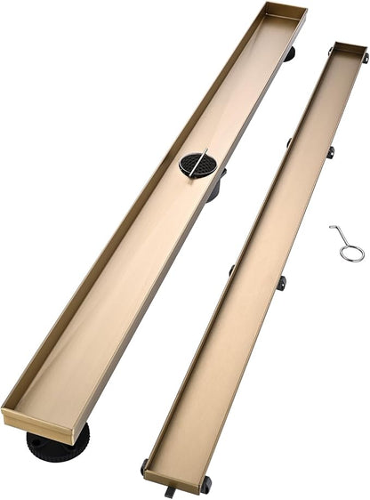 Linear Shower Floor Drain, Brushed Gold 54 Inch 304 Stainless Steel Bathroom Drains Kit, Rectangular Shower Trench Drain with Reversable Tile-in Pattern Drain Cover & Hair Catcher