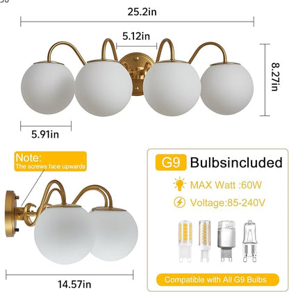 4 Lights Vintage Bathroom Vanity Light Fixtures Over Mirror, Brushed Gold Vanity Lights For Bathroom With Milk White Glass Globe Shade, Wall Lights For Bedroom, Hallway, Dressing Table(G9 Incl.)