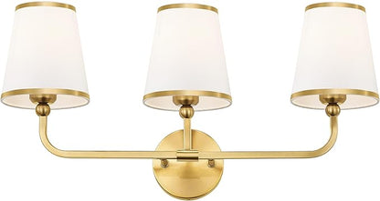3-Light Bathroom Light Fixtures, Brushed Gold Vanity Lights Over Mirror with White Fabric Shade, Modern Sconces Wall Lighting for Hallway Bedroom, VL837-BG-X-3