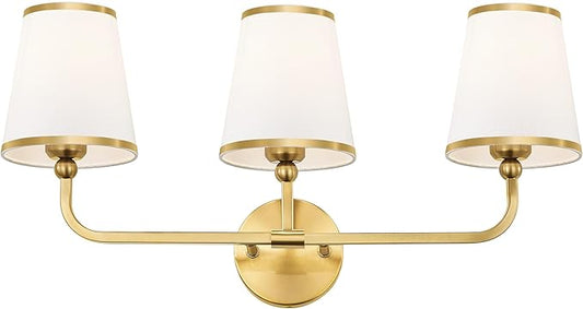 3-Light Bathroom Light Fixtures, Brushed Gold Vanity Lights Over Mirror with White Fabric Shade, Modern Sconces Wall Lighting for Hallway Bedroom, VL837-BG-X-3