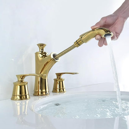 BiaoTeng Faucet for Bathroom Sink Pull Down Three Hole Hot and Cold Brass Double Handle Bathroom Faucets for Sink 3 Hole Pull Out Gold