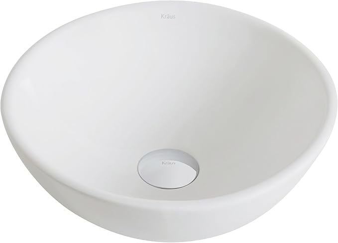 Kraus KCV-341-BN Modern Elavo Ceramic Small Round Vessel Bathroom Sink with Pop Up Drain, Brushed Nickel/White