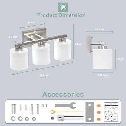 Honesorn Bathroom Light Fixtures Brushed Nickel, 3-Light Vanity Lights | Bathroom Vanity Light with Frosted Shades, Modern Bathroom Lights Over Mirror, Anti-Rust, E26 Socket (Bulbs Not Included)