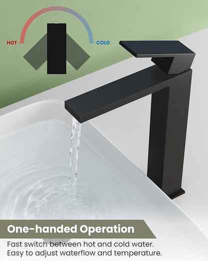gotonovo Vessel Sink Faucet Single Handle Tall Bathroom Faucet One Hole Modern Lavatory Vanity Basin Mixer Tap Matching Supply Hoses and Pop up Drain Without Overflow, Matte Black