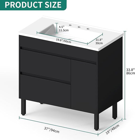YITAHOME 36 Inch Bathroom Vanity with Sink, Bathroom Cabinet Vanity for Media Space, Freestanding Storage Bathroom Vanity with 1 Soft Closing Cabinet & 2 Drawers