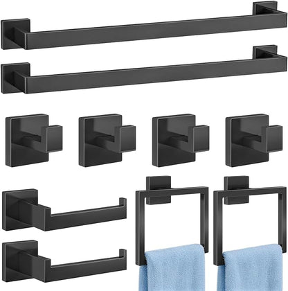 Gypie Bathroom Accessories Set Wall Mounted, 10-Piece 24In Matte Black | Stainless Steel Modern Wall Mount Towel Racks for Bathroom Towel Bar Set