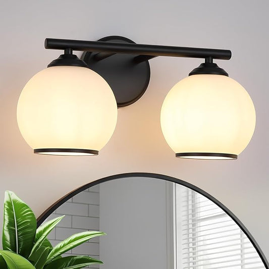 Milk Glass Bathroom Vanity Light Over Mirror, 2 Light Matte Black Bathroom Light Fixtures with Frosted Globe Glass Shade, Modern Vanity Lighting Wall Mounted