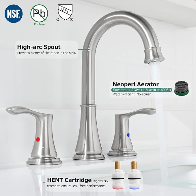 Brushed Nickel Widespread Bathroom Sink Faucet 8 Inch for Vanity | with All Metal Pop Up Drain, High Arc 2 Handle Lead-Free Deck Mount Bathroom Faucet for 3 Hole Lavatory Utility Sink