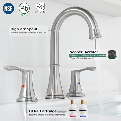 Brushed Nickel Widespread Bathroom Sink Faucet 8 Inch for Vanity | with All Metal Pop Up Drain, High Arc 2 Handle Lead-Free Deck Mount Bathroom Faucet for 3 Hole Lavatory Utility Sink