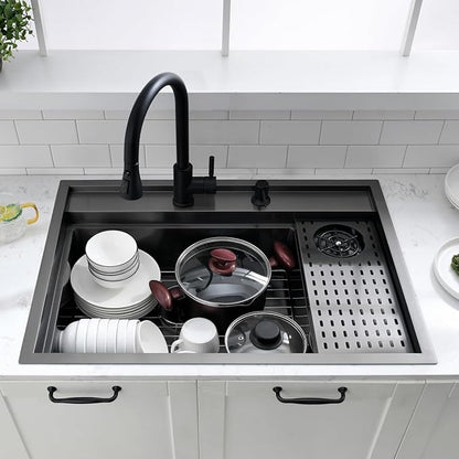 33 Inch Black Drop In Kitchen Sink Workstation with Glass Rinser -VOKIM 33x22 Drop In sink Workstation Stainless Steel 16 Gauge Deep Single Bowl Kitchen Sink with Cup Washer