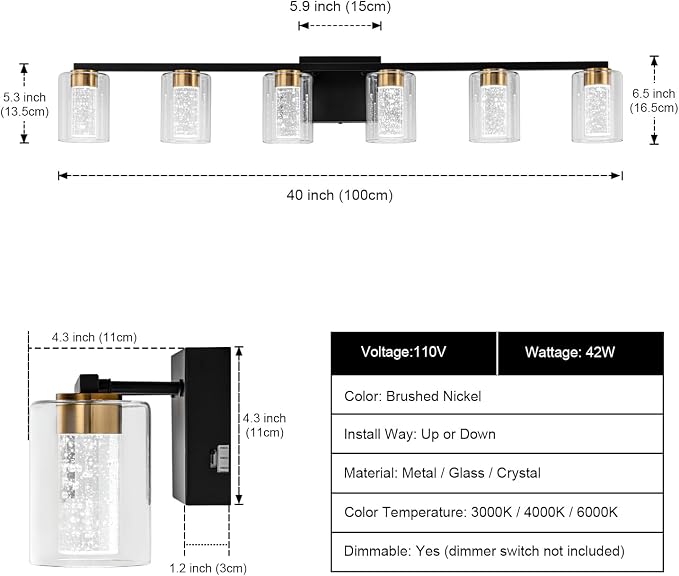 SineRise 6-Light Black and Gold Vanity Light with 3 Color Modes (3000K/4000K/6000K), Eye Protection LED Bathroom Light Fixture, Dimmable Modern Wall Light Over Mirror with Clear Glass Shade