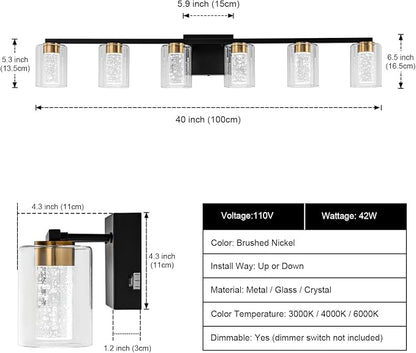SineRise 6-Light Black and Gold Vanity Light with 3 Color Modes (3000K/4000K/6000K), Eye Protection LED Bathroom Light Fixture, Dimmable Modern Wall Light Over Mirror with Clear Glass Shade