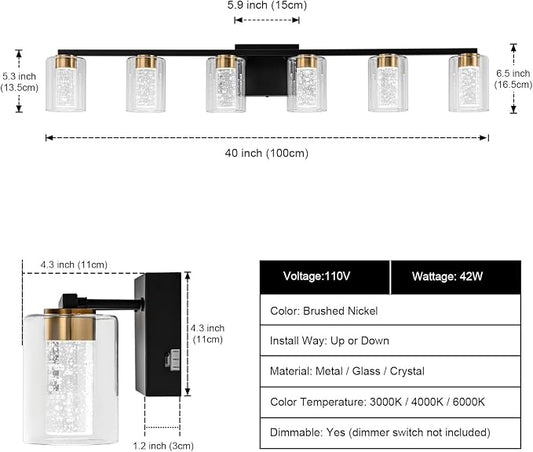 SineRise 6-Light Black and Gold Vanity Light with 3 Color Modes (3000K/4000K/6000K), Eye Protection LED Bathroom Light Fixture, Dimmable Modern Wall Light Over Mirror with Clear Glass Shade