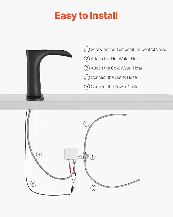 VEVOR Touchless Bathroom Sink Faucet, Automatic Motion Sensor Waterfall Restroom Toilet Faucet with Hole Cover Plate, Modern Electronic Sensor Hot/Cold Water for 9/16 in Pipe Commercial,Matte Black