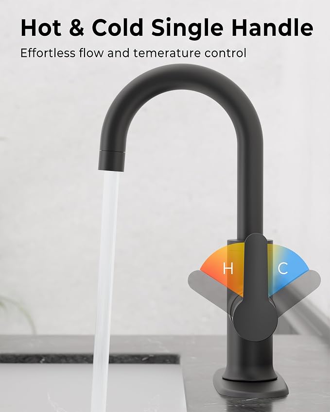 VXV Black Bathroom faucets Single Handle 360° Swivel Gooseneck Spout Optional Deckplate Bar Sink Faucet with Pop-up Drain and Hoses Matte Black