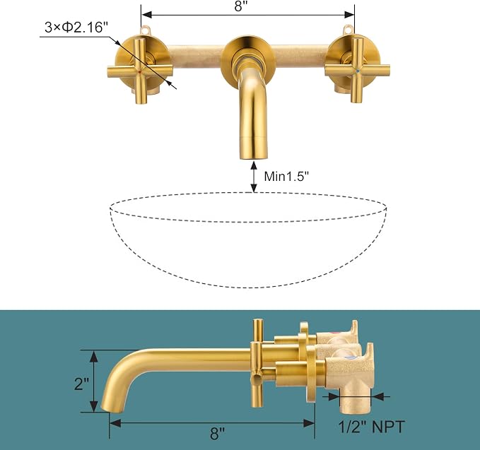 ARCORA Wall Mount Bathroom Faucet, Brushed Gold Bathroom Sink Faucet, 2 Handle Wall Mount Vessel Sink Faucet Rough in Brass Valve Included