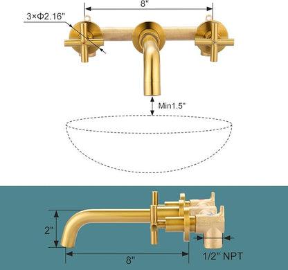 ARCORA Wall Mount Bathroom Faucet, Brushed Gold Bathroom Sink Faucet, 2 Handle Wall Mount Vessel Sink Faucet Rough in Brass Valve Included