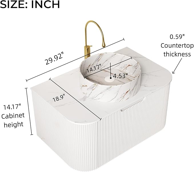 LKTART 30 Inch Floating Bathroom Vanity with Sink, Modern Wall Mounted Bathroom Storage Cabinet with Drawer, Stone Pattern Round White Ceramic Sink Top and Marble Texture Top, White