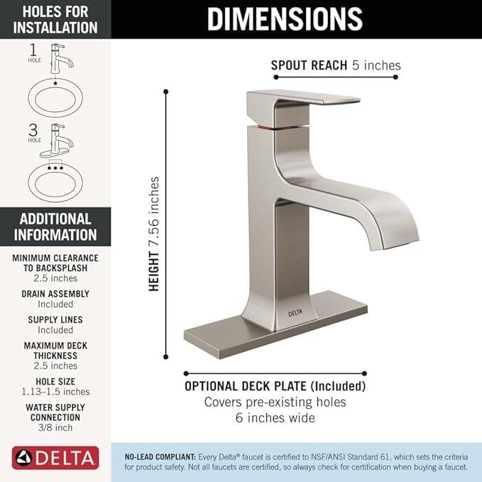 Delta Velum Brushed Nickel Bathroom Faucet 1 Hole, Single Hole Bathroom Sink Faucet for Vanity, Metal Push-Pop Drain Assembly, Stainless 539-SSMPU-DST