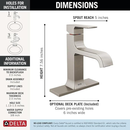 Delta Velum Brushed Nickel Bathroom Faucet 1 Hole, Single Hole Bathroom Sink Faucet for Vanity, Metal Push-Pop Drain Assembly, Stainless 539-SSMPU-DST