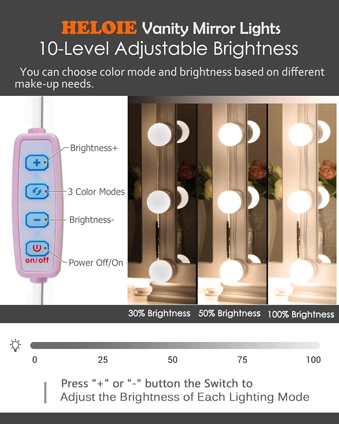 LED Vanity Mirror Lights,Hollywood Style,14 Bulbs Makeup Light | Stick On for Dresser Mirror,3 Color Lighting & Dimmable,Bright,No Drill,Power Off Memory,High CRI Shadow-Free,USB 5V,Pink