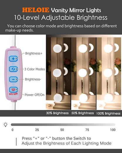LED Vanity Mirror Lights,Hollywood Style,14 Bulbs Makeup Light | Stick On for Dresser Mirror,3 Color Lighting & Dimmable,Bright,No Drill,Power Off Memory,High CRI Shadow-Free,USB 5V,Pink