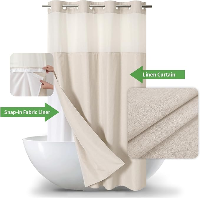 eachope No Hook Linen Texture Shower Curtain with Snap-in Liner,60x74 Cream | 230GSM Thick Fabric,Hotel Luxury Decor,Mesh Top Window,Waterproof & Machine Washable,for Shower Stall or Bathroom