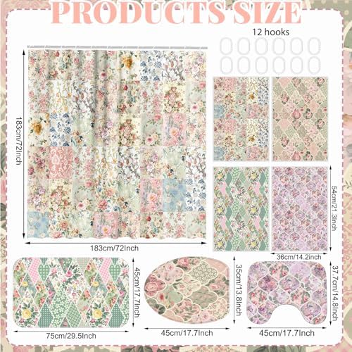 FuWeave 8 Pcs Vintage Floral Shower Curtain Set Girly Bathroom Decor Flower Waterproof Bathroom Accessories Rustic Farmhouse Shower Curtain Sets with Towels Carpet Bath Mat Toilet Rugs and 12 Hooks