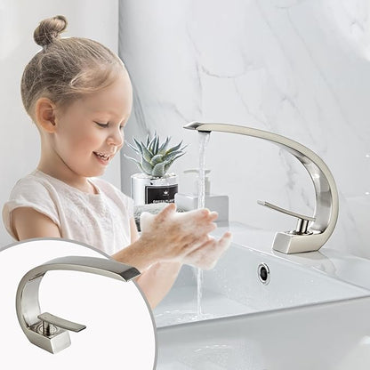 Wovier Brushed Nickel Bathroom Sink Faucet,Unique Design Single Handle Single Hole Brass Lavatory Vanity Faucet,Basin Mixer Tap with Supply Hose and Pop Up Drain Assembly