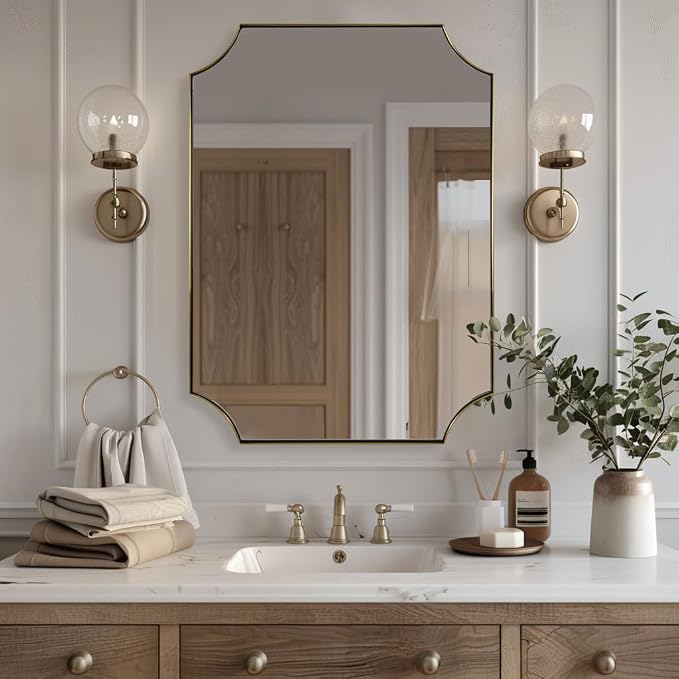 22x30 Inch Brushed Gold Scalloped Rectangle Mirror for Bathroom | Anti-Rust Stainless Steel Frame, Brushed Brass Finish, Unique Scalloped Edge Design, Ideal for Bathroom, Powder Room, Enryway