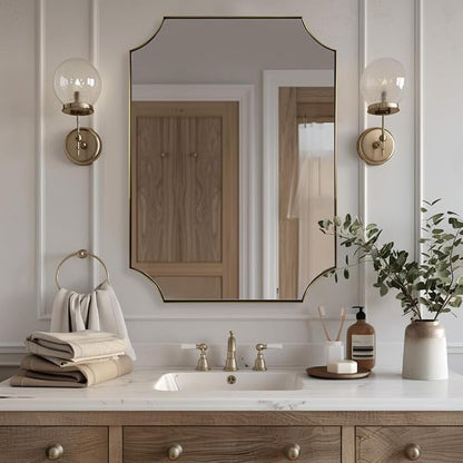 Gold Vanity Mirror, 24x32 Inch Scalloped Mirror for Bathroom, Brushed Gold Mirror in Anti-Rust Stainless Steel Metal 1" Frame, Antique Scalloped Edge Design, Ideal for Home Remodel