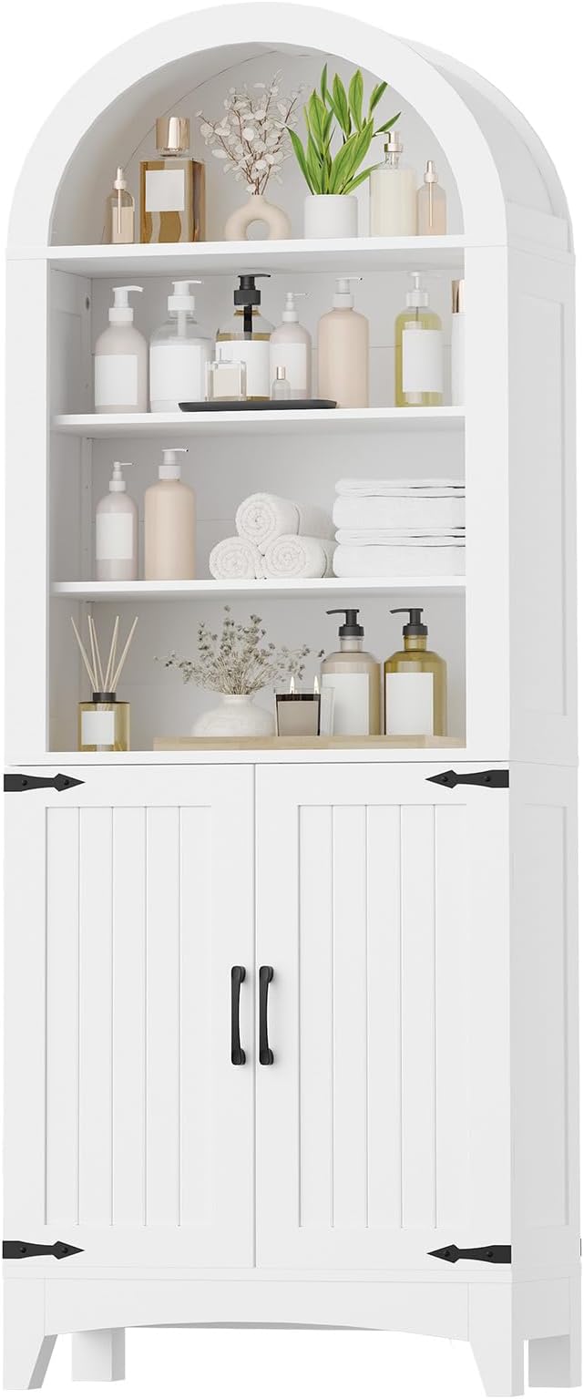 HOOBRO 67" Tall Bathroom Storage Cabinet, Arched Freestanding Floor Cabinet with 3 Adjustable Shelves and 2 Doors for Small Space, Space Saving Organizer for Bathroom, Kitchen, Living Room, White