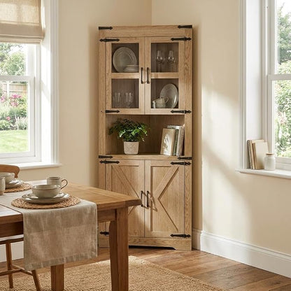 GAOMON Farmhouse Corner Cabinet, Tall Corner Storage Cabinet with Glass Door & Adjustable Shelves, Bathroom Cabinet with Storage for Living Room, Kitchen, Bathroom, Natural
