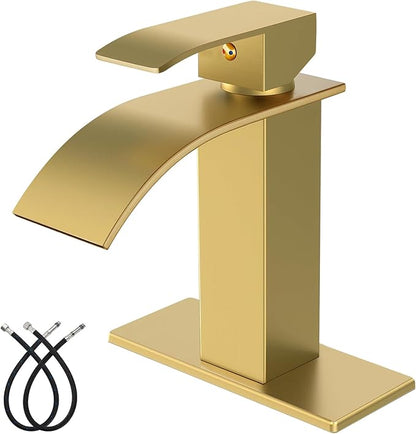 Midanya Waterfall Spout Bathroom Faucet Single Handle 1 Hole Bathroom Sink Faucet,Modern RV Lavatory Vanity Basin Tap with Water Hose,No Drain,Short Body,Brushed Gold