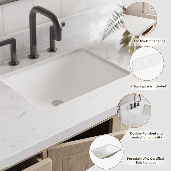 ARIEL 54 inch Bathroom Vanity top with Sink, 1.5 Inch Thick Miter Edge Carrara White Quartz top, Rectangle Single Porcelain Sink, Includes Backsplash