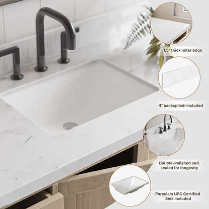 ARIEL 54 inch Bathroom Vanity top with Sink, 1.5 Inch Thick Miter Edge Carrara White Quartz top, Rectangle Single Porcelain Sink, Includes Backsplash