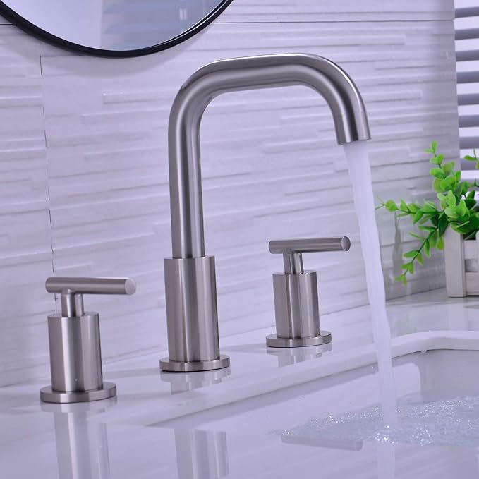 TRUSTMI Brushed Nickel Bathroom Faucet 3 Hole, Brass, 8 to16 Inch Widespread Bathroom Vanity Sink Faucet with Overflow Drain and cUPC Water Supply Lines, Swivel Spout