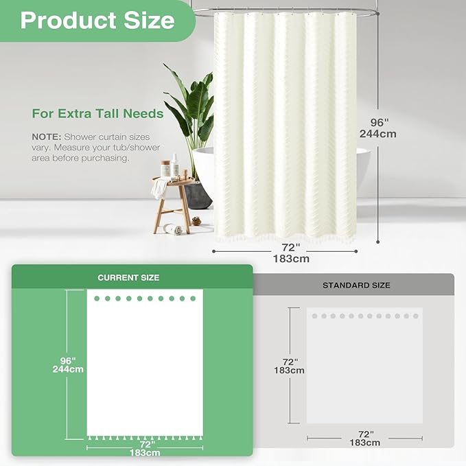 Dynamene Extra Long Shower Curtains, 96 Inches Long Boho Tufted Chevron Striped Fabric Shower Curtains for Bathroom, Tall Minimalist Waterproof Cloth Shower Curtain Set with 12 Hook, Cream, 72x96