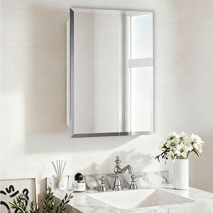 16x22 Plastic Medicine Cabinet with Mirror, Recessed or Surface Mount | 2 adjustable shelves, beveled mirror, soft-close reversible door, 95% assembled; cutout 13.8"W x 17.9"H x 3"D
