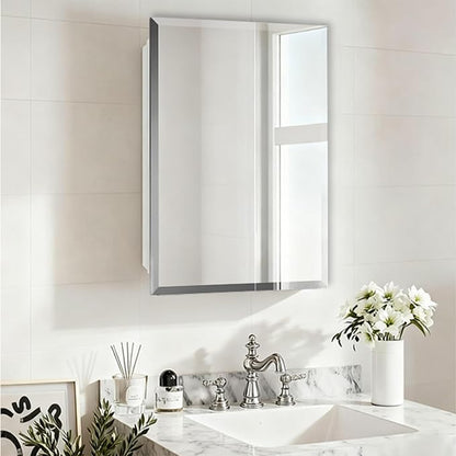 16x22 Plastic Medicine Cabinet with Mirror, Recessed or Surface Mount | 2 adjustable shelves, beveled mirror, soft-close reversible door, 95% assembled; cutout 13.8"W x 17.9"H x 3"D