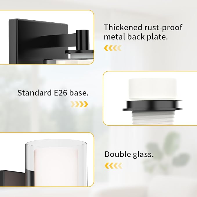 Wall Sconces Set of Two, Modern Matte Black Vanity Wall Lights | Double Clear Glass Shades With E26 Base, Farmhouse Wall Lights For Bathroom, Bedroom, Living Room, Mirror And Hallway.