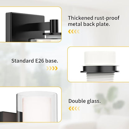Wall Sconces Set of Two, Modern Matte Black Vanity Wall Lights | Double Clear Glass Shades With E26 Base, Farmhouse Wall Lights For Bathroom, Bedroom, Living Room, Mirror And Hallway.