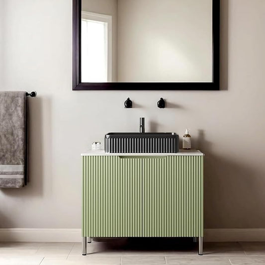 30" Bathroom Vanity with Sink, Modern Bathroom Storage Cabinet with Black Rectangular Ceramic Basin and Sintered Stone Countertop, Soft Closing Doors, Freestanding Bathroom Vanities, Green