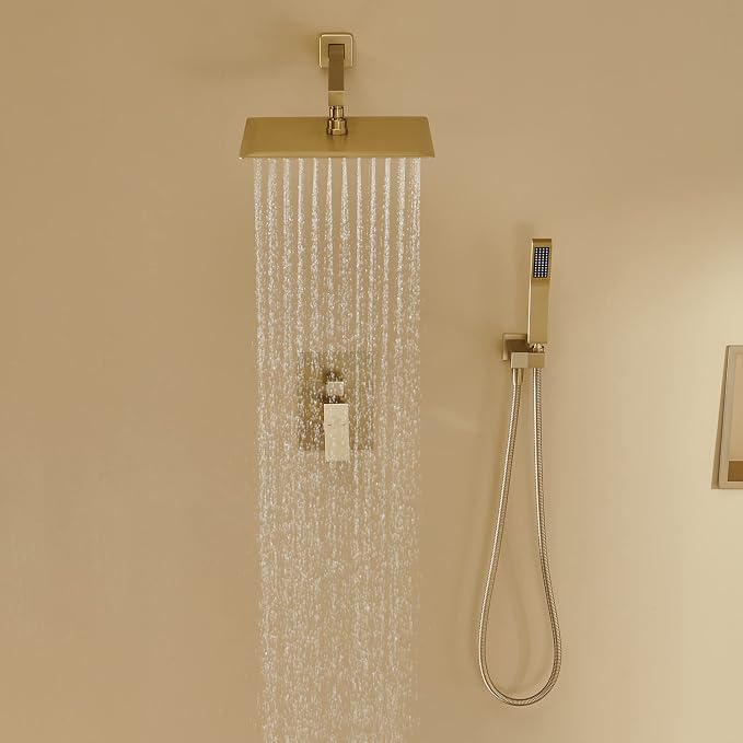Rain Shower System 12 Inches Shower Combo Set Brushed Gold Wall Mount Faucet Bathroom Faucets with Rainfall Shower Head and Hand Shower